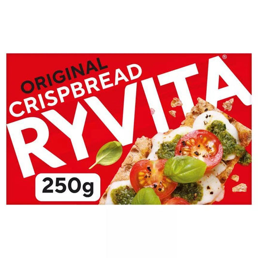 Ryvita Original Crispbread Crackers 250g packaging featuring vibrant red design and toppings.