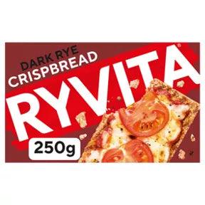 Ryvita Dark Rye Crispbread 250g packaging featuring a savory snack with tomatoes on top.