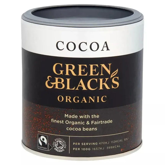 Green & Black's Organic Cocoa 125g tin featuring Fairtrade certification and details about organic cocoa beans.