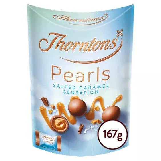 Thorntons Pearls Salted Caramel Chocolate Box 167g, suitable for vegetarians, rich and indulgent treat.