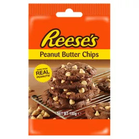 Reese's Peanut Butter Baking Chips 100g package with cookies, featuring real peanut chips for baking.