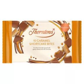 Thorntons Caramel Shortcake Bites 10 Pack with rich caramel and milk chocolate, suitable for vegetarians.