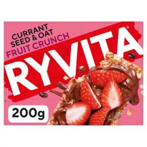 Ryvita Crispbread Fruit Crunch with currants, seeds, and oats, 200g packaging, suitable for vegetarians, kosher.