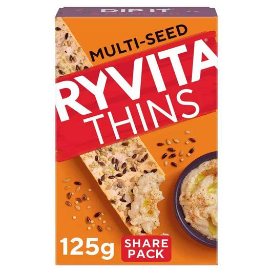 Ryvita Thins Multi-Seed Flatbread Crackers 125g packaging with share pack label and dip.