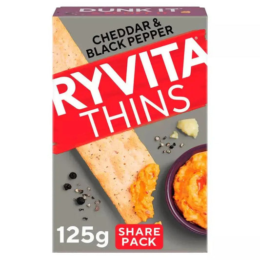 Ryvita Thins Cheddar & Cracked Black Pepper Flatbread Crackers 125g, suitable for vegetarians, with cheese dip.