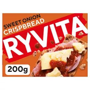 Ryvita Sweet Onion Crispbread 200g packaging featuring a nutritious snack with toppings.