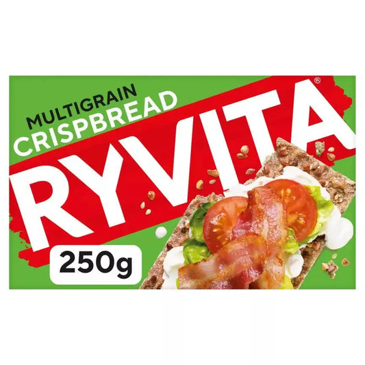 Ryvita Multigrain Crispbread Crackers 250g packaging, suitable for vegans and may contain allergens.