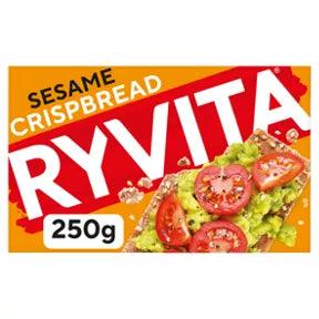 Ryvita Simply Sesame Crispbread Crackers 250g packaging with topped avocado and tomato.