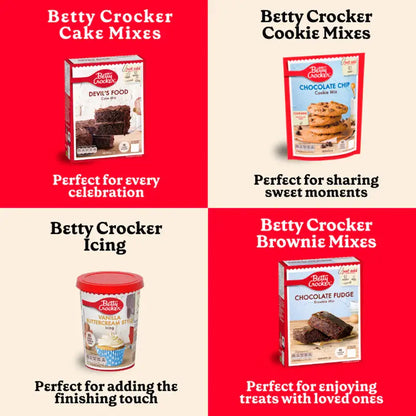 Various Betty Crocker baking mixes including cake, cookie, icing, and brownie kits for delicious homemade treats.