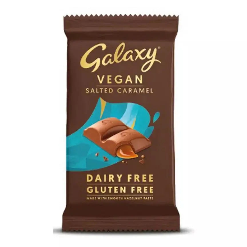 Galaxy Vegan Salted Caramel Chocolate Bar 100g, dairy-free and gluten-free, suitable for vegans and vegetarians.
