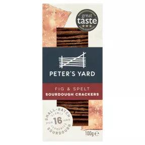 Peter's Yard Fig & Spelt Sourdough Crackers 100g packaging, featuring a rustic design and great taste award.