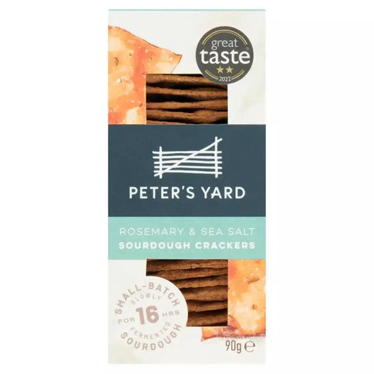 Peter's Yard Rosemary & Sea Salt Sourdough Crackers 90g packaging, featuring crunchy crackers with a great taste award.