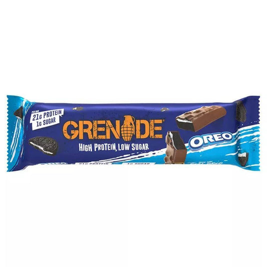 Grenade Oreo protein bar packaging featuring high protein content and low sugar, ideal for active lifestyles.