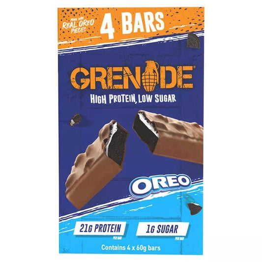 Grenade Oreo Bars packaging featuring 4 high protein low sugar bars with Oreo pieces, 21g protein and 1g sugar per serving.