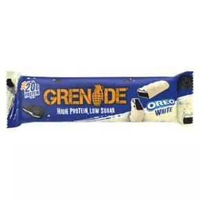 Grenade Oreo protein bar 60g packaging featuring high protein, low sugar with white chocolate coating.