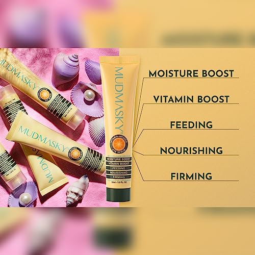 Mudmasky skincare product with text highlighting benefits on a pink and yellow gradient background