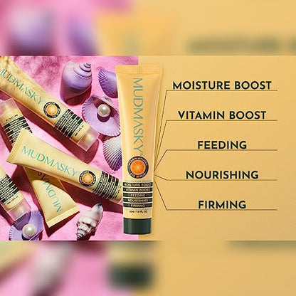Mudmasky skincare product with text highlighting benefits on a pink and yellow gradient background