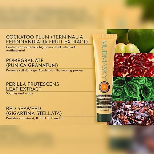 Mudmasky product with natural ingredients and benefits on a blurred background