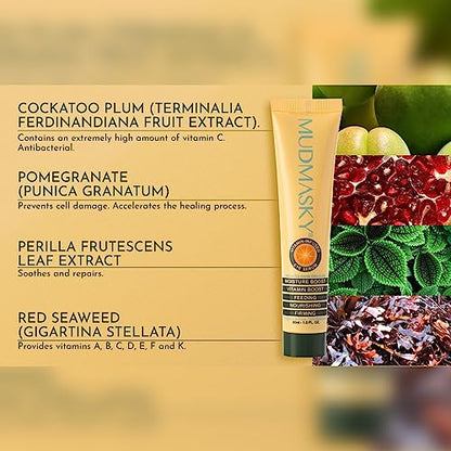 Mudmasky product with natural ingredients and benefits on a blurred background