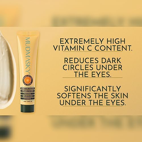 Mudmasky eye cream tube with text on a yellow background