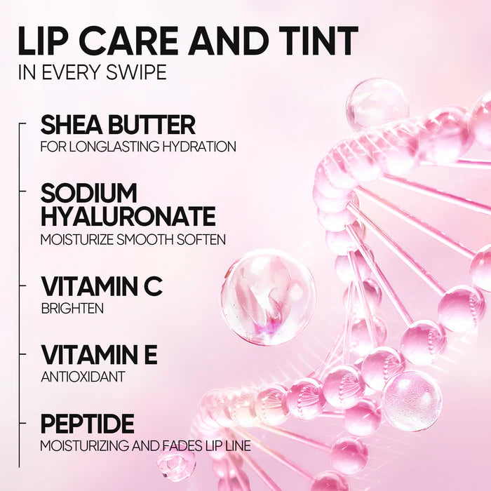 SKINTIFIC Lip care product with molecular structure and ingredients listed on a pink background