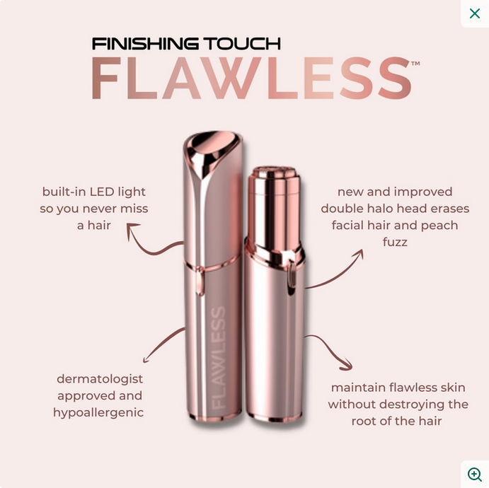 Rose gold hair removal device with features highlighted on a white background