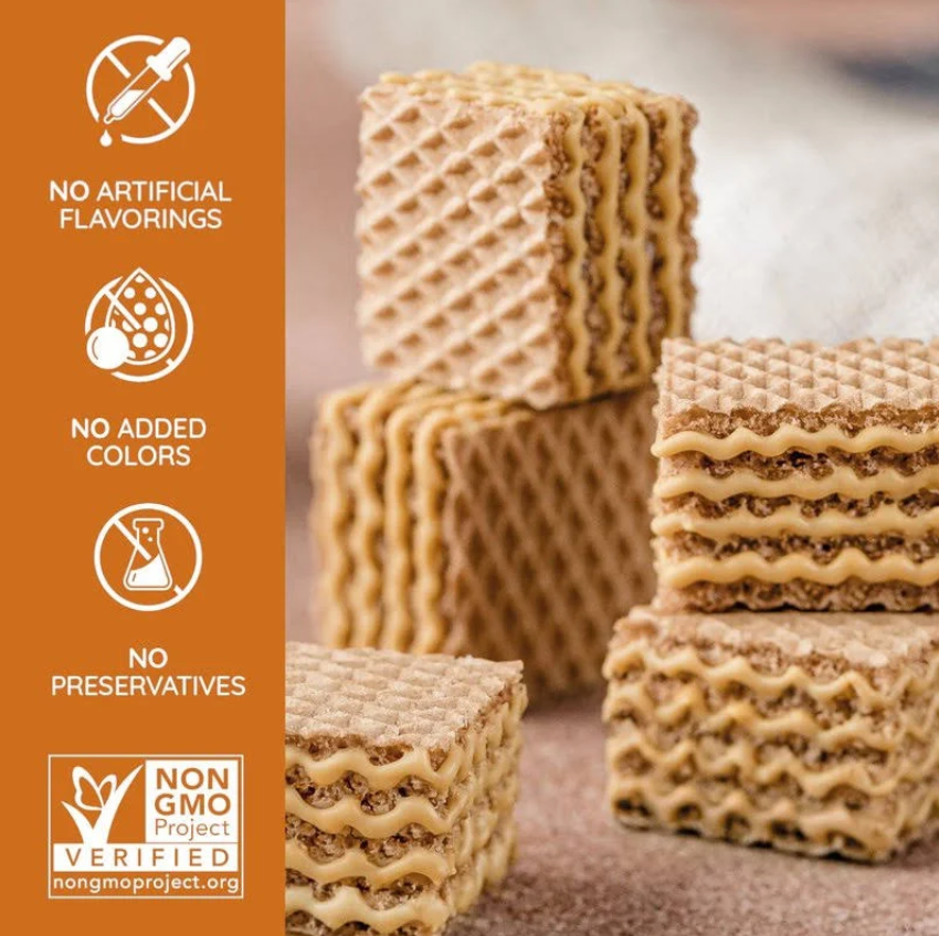 Loacker Wafer Cookies Peanut Butter Bite, featuring crunchy layers, and labeled non-GMO with no artificial ingredients.