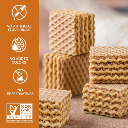 Loacker Wafer Cookies Peanut Butter Bite, featuring crunchy layers, and labeled non-GMO with no artificial ingredients.