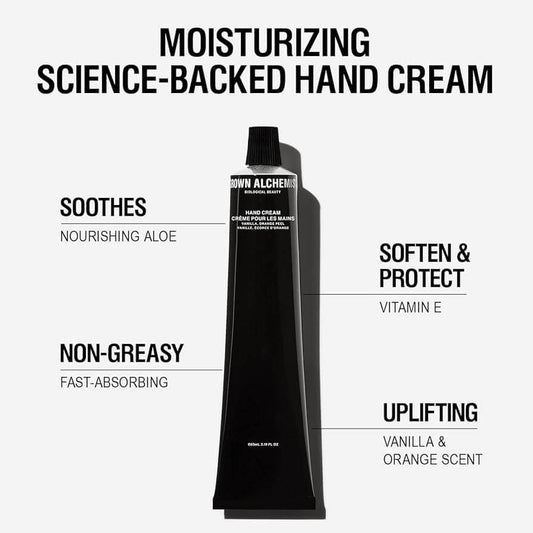 GROWN ALCHEMIST hand cream tube highlighting moisturizing, non-greasy formula with vanilla and orange scent.