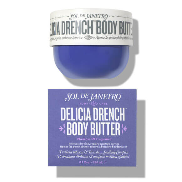 Sol de Janeiro Delicia Drench Body Butter jar and packaging showcasing luxurious hydration formula for radiant skin.