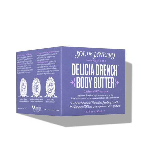 Sol de Janeiro Delicia Drench Body Butter packaging on a white background showcasing tropical hydration benefits.