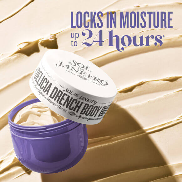Sol de Janeiro Delicia Drench Body Butter in a purple jar, moisturizing skin for up to 24 hours.