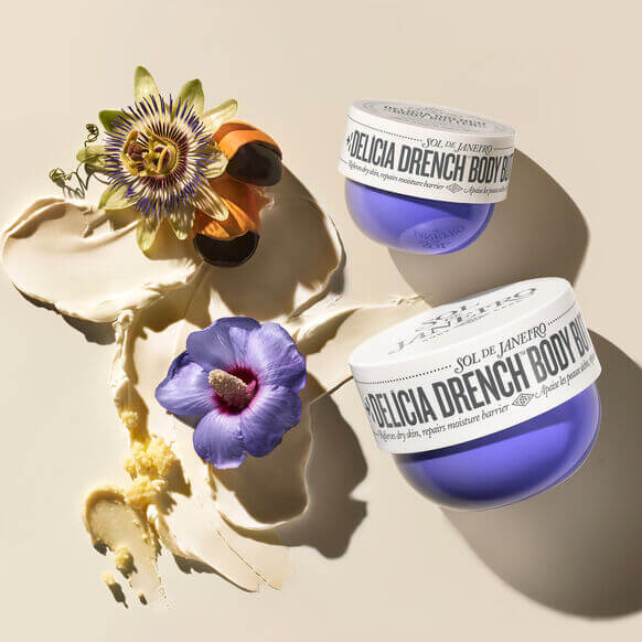 Sol de Janeiro Delicia Drench Body Butter with floral accents and creamy texture for luxurious hydration.