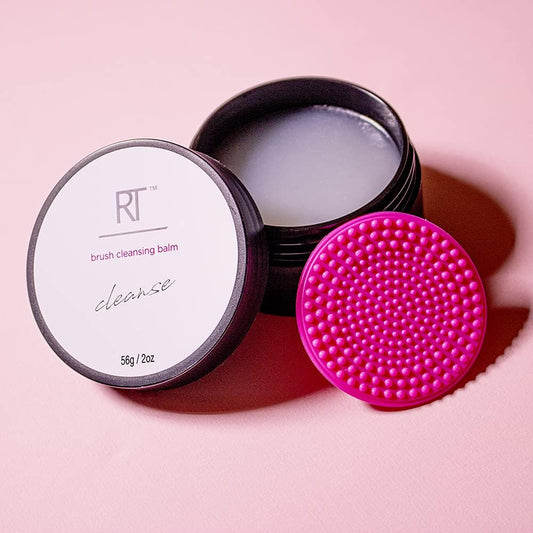 RT brush cleansing balm with pink brush on a pink background