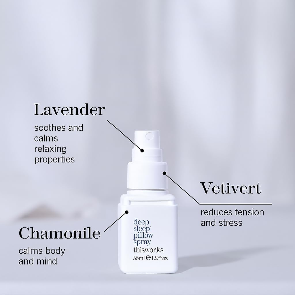 thisworks Pillow spray bottle with labels indicating ingredients and benefits on a light gray background