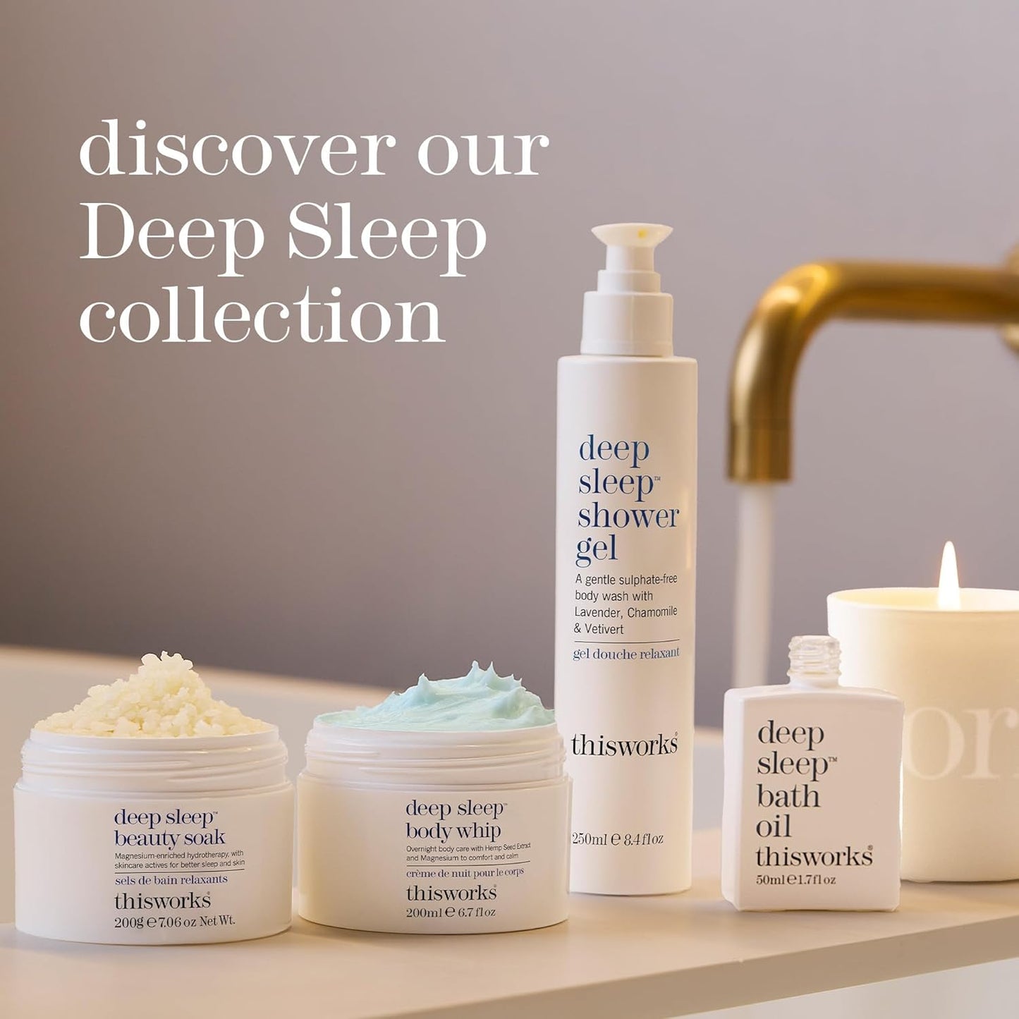 Collection of 'thisworks' deep sleep skincare products on a bathroom shelf with a candle.