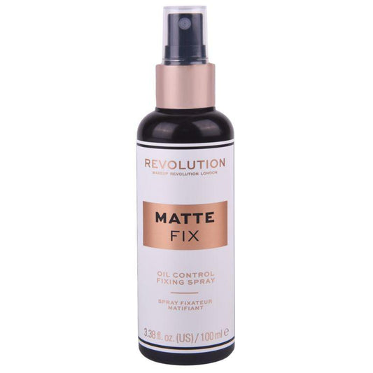 Revolution Matte Fix Oil Control Setting Spray for a natural matte finish and all-day shine control.