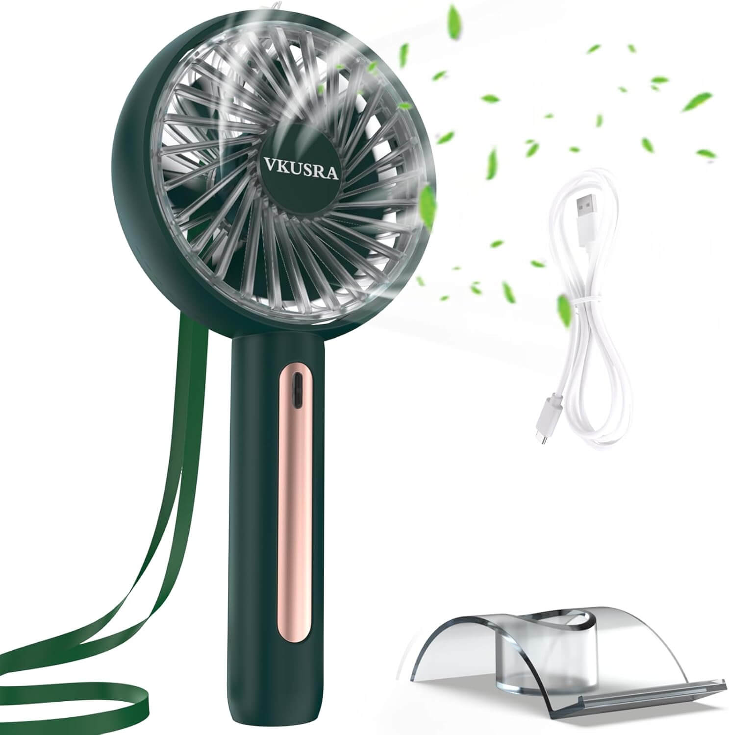 VKUSRA Handheld Fan with 4 speeds, rechargeable battery, and USB charging cable in stylish green design.