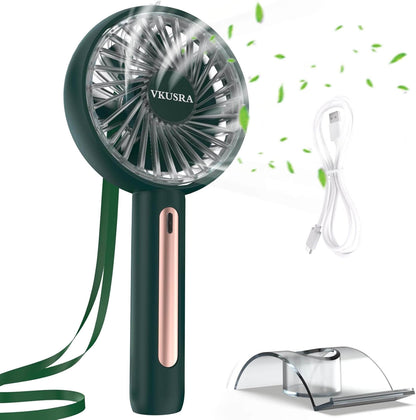 VKUSRA Handheld Fan with 4 speeds, rechargeable battery, and USB charging cable in stylish green design.