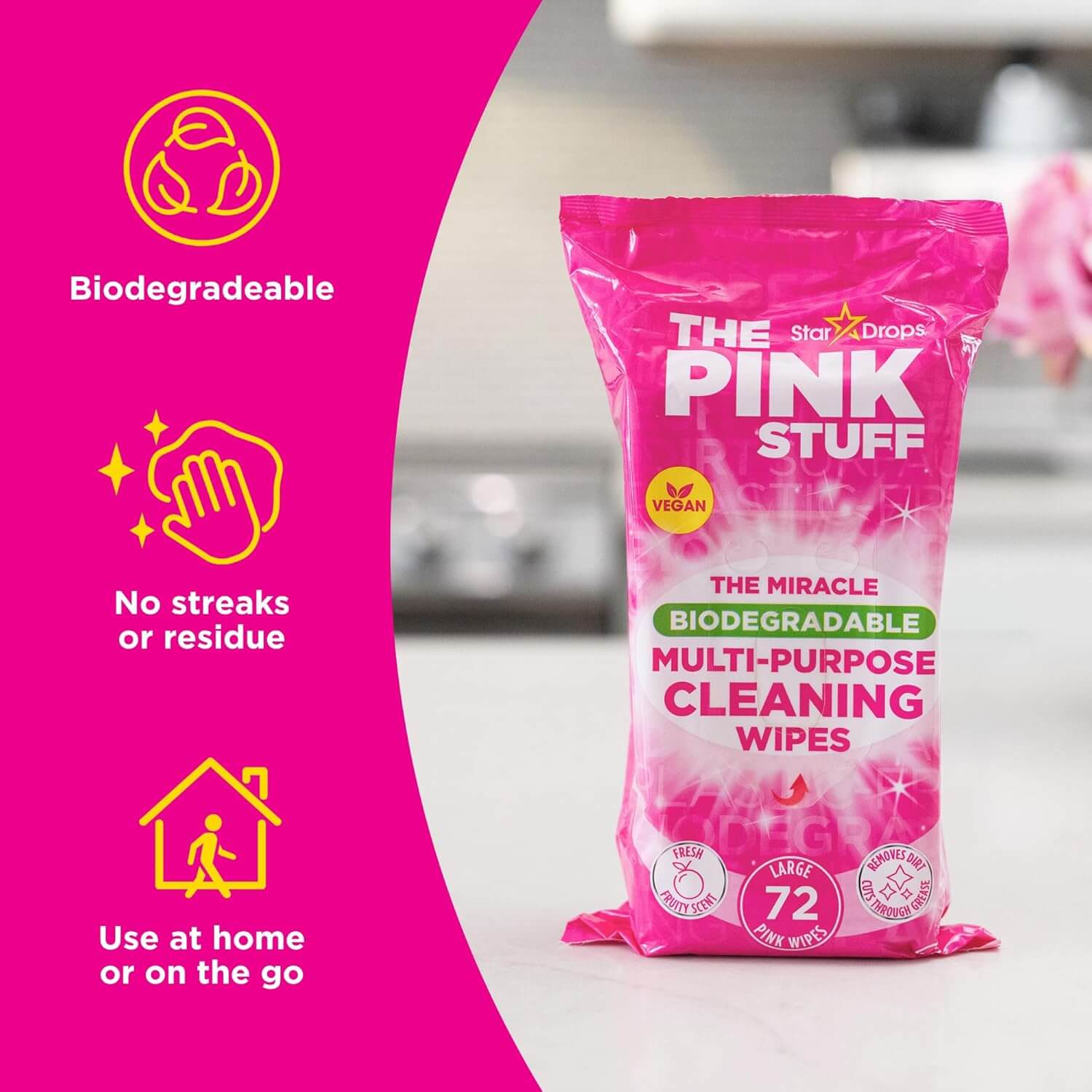 The Pink Stuff Miracle Biodegradable Multi-Purpose Cleaning Wipes, 72 vegan wipes for tough stains and grease.