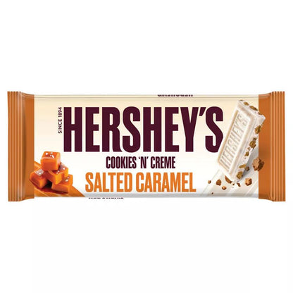 Hershey's Cookies 'n' Creme Salted Caramel Bar 90g packaging featuring caramel and cookie designs.