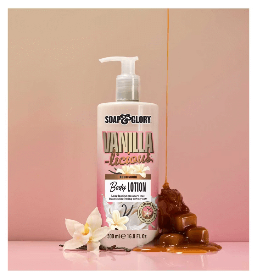Soap & Glory Vanilla-licious Body Lotion with vanilla and caramel dripping, perfect for a decadently soft skin experience.