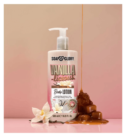 Soap & Glory Vanilla-licious Body Lotion with vanilla and caramel dripping, perfect for a decadently soft skin experience.