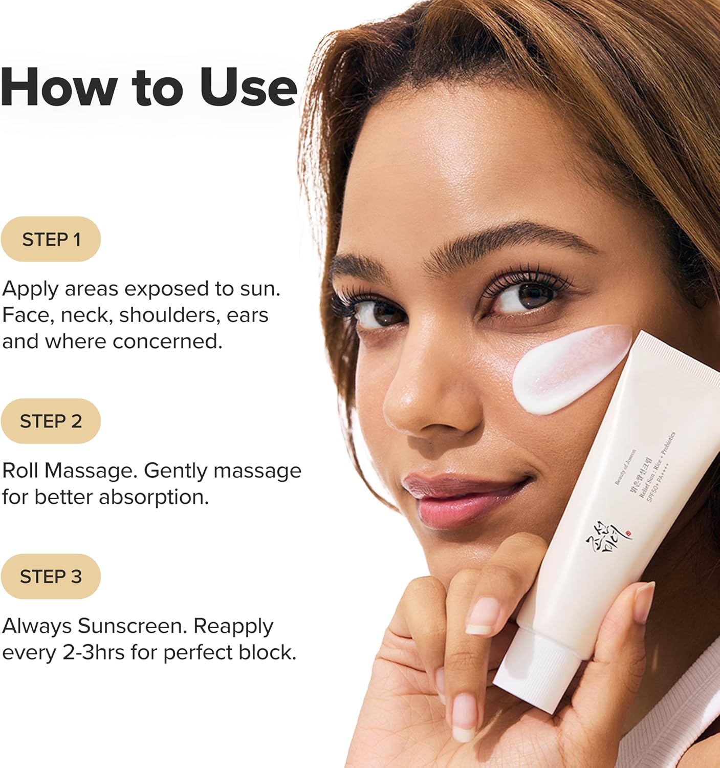 Woman applying sunscreen with text on how to use it