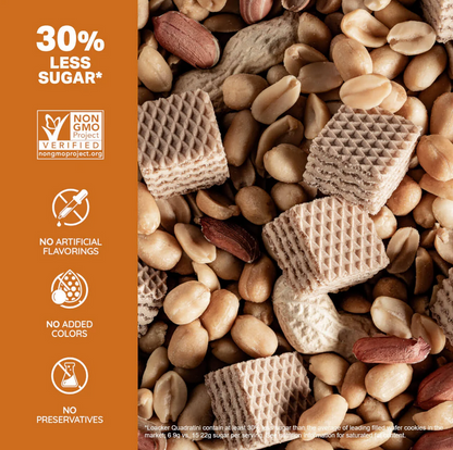 Loacker Wafer Cookies with peanuts, 30% less sugar, no artificial flavors or preservatives, perfect for a crunchy treat.