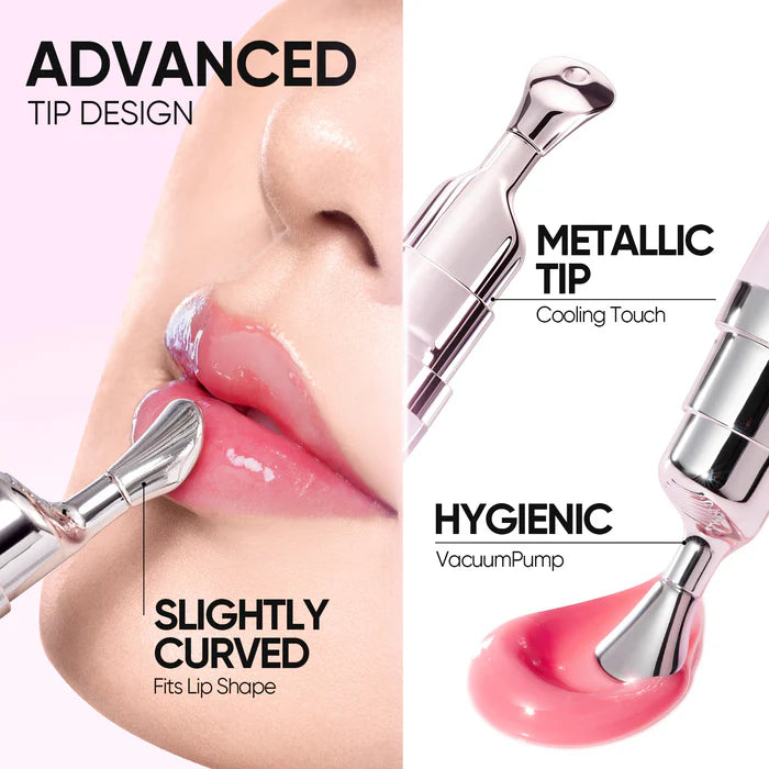 SKINTIFIC  Lip treatment device with metallic tip, cooling touch, and vacuum pump on a white background.