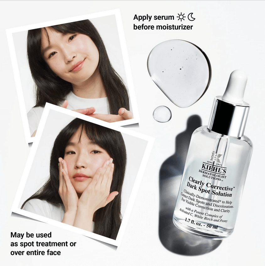 Kiehl's Clearly Corrective Dark Spot Solution showcased with model applying serum, promoting brighter, clearer skin.