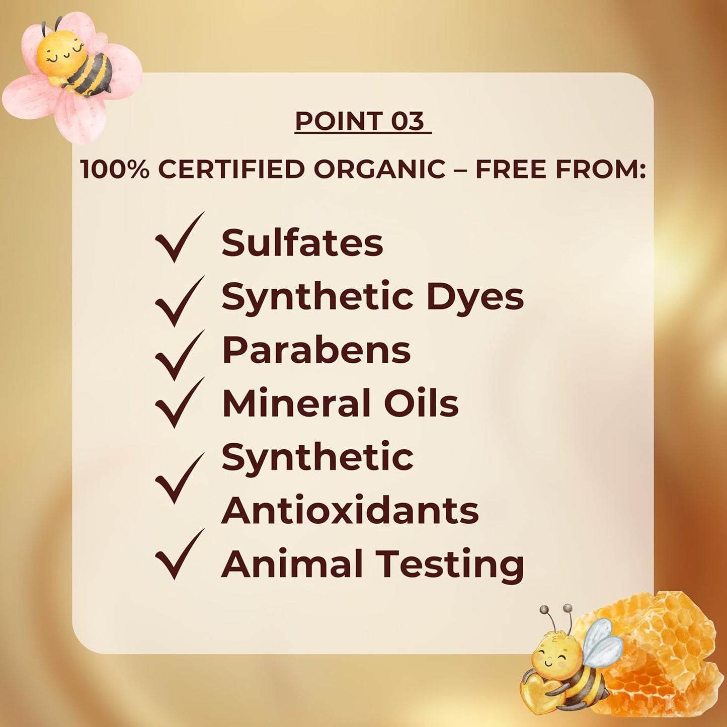 Certified organic product list with bee illustrations on a gold background