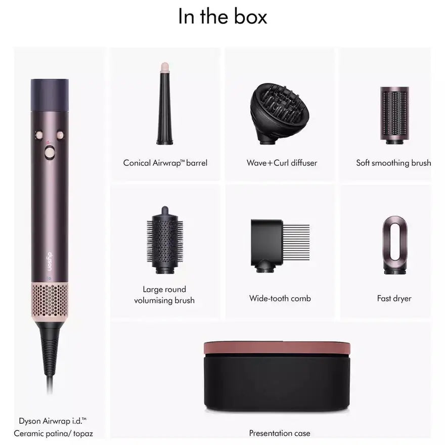 Contents of Dyson Airwrap ID package: conical barrel, diffuser, brushes, comb, fast dryer, and presentation case.
