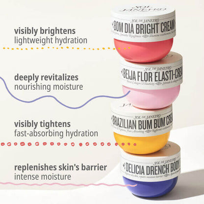 Sol de Janeiro body cream collection featuring Delicia Drench Body Butter and others for hydration and skin nourishment.